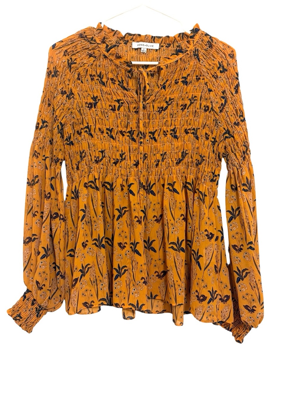 2/$20 Rose + Olive Small Mustard Floral Smocked Peplum Long Sleeve Boho Blouse